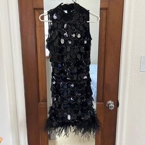Black Sequin & Feather Midi Dress - Sleeveless Elegant Party Dress